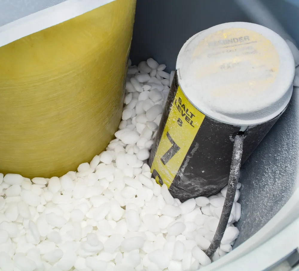 Water softener system filled with salt tablets and a salt level indicator